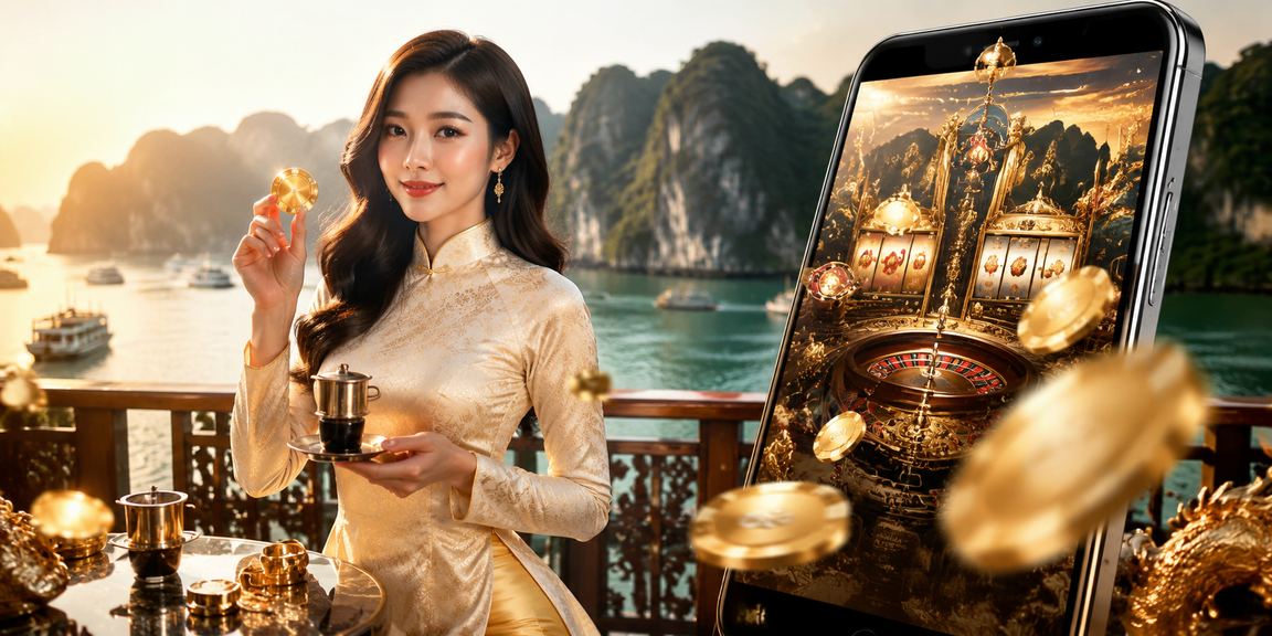 Người dùng thực hiện giao dịch tài chính trên điện thoại tại vịnh Hạ Long